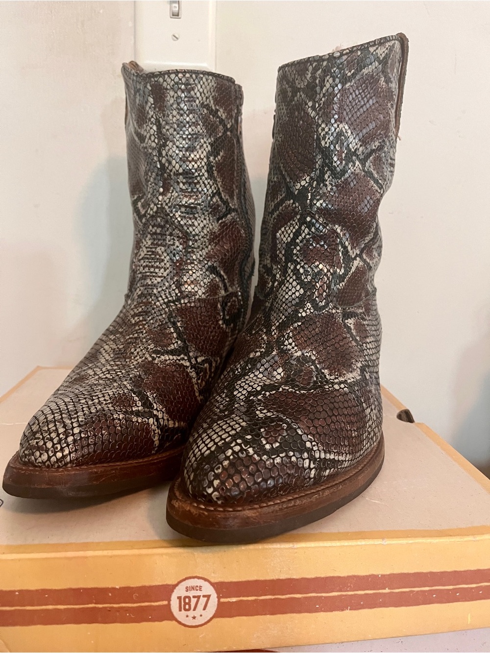Men's Western Snake-Print Leather Boots in Brown and Cream